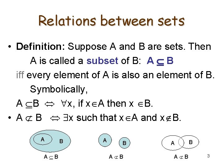 Relations between sets • Definition: Suppose A and B are sets. Then A is