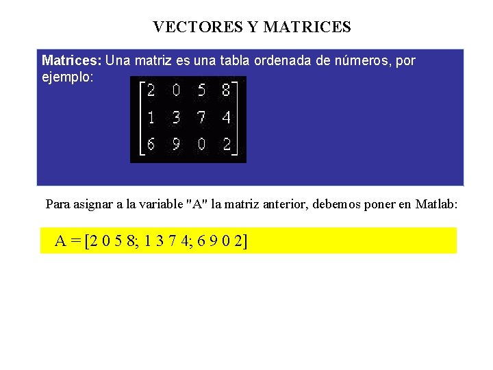 VECTORES Y MATRICES Matrices: Una matriz es una tabla ordenada de números, por ejemplo: