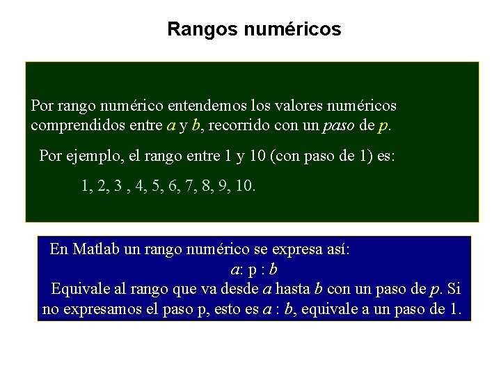 Rangos numéricos Por rango numérico entendemos los valores numéricos comprendidos entre a y b,