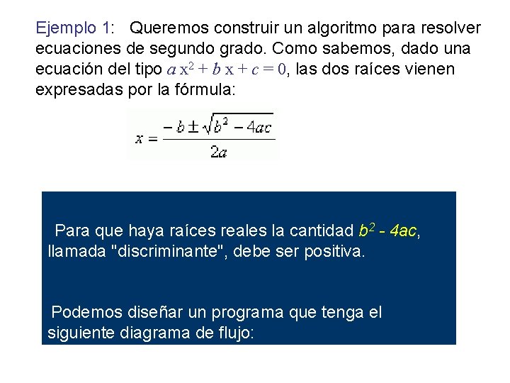 Ejemplo 1: Queremos construir un algoritmo para resolver ecuaciones de segundo grado. Como sabemos,