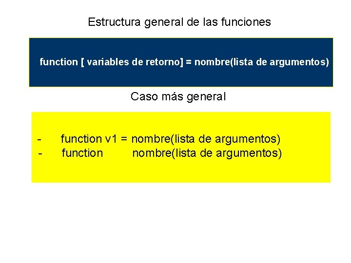 Estructura general de las funciones function [ variables de retorno] = nombre(lista de argumentos)