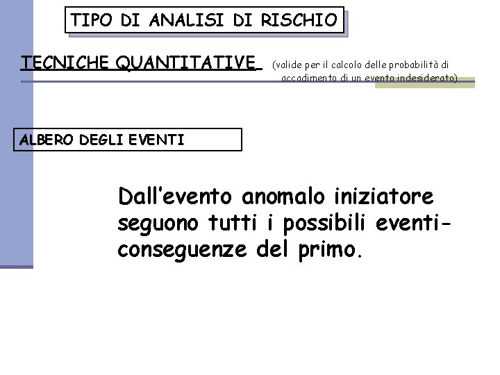 TIPO DI ANALISI DI RISCHIO TECNICHE QUANTITATIVE (valide per il calcolo delle probabilità di