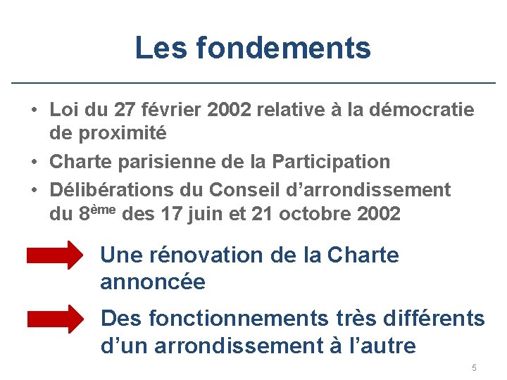 Les fondements • Loi du 27 février 2002 relative à la démocratie de proximité