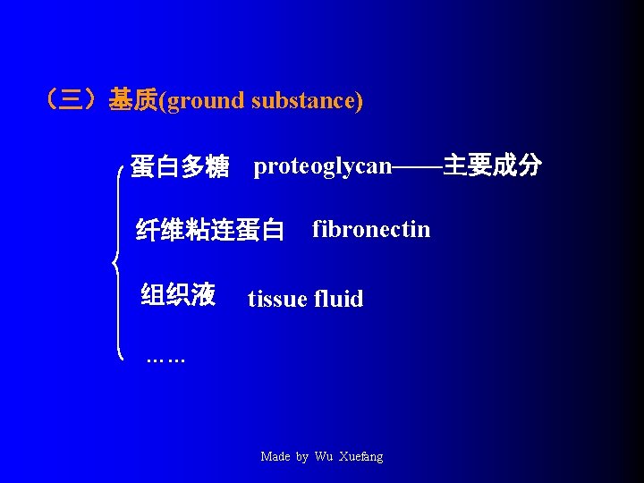 （三）基质(ground substance) 蛋白多糖 proteoglycan——主要成分 纤维粘连蛋白 组织液 fibronectin tissue fluid …… Made by Wu Xuefang