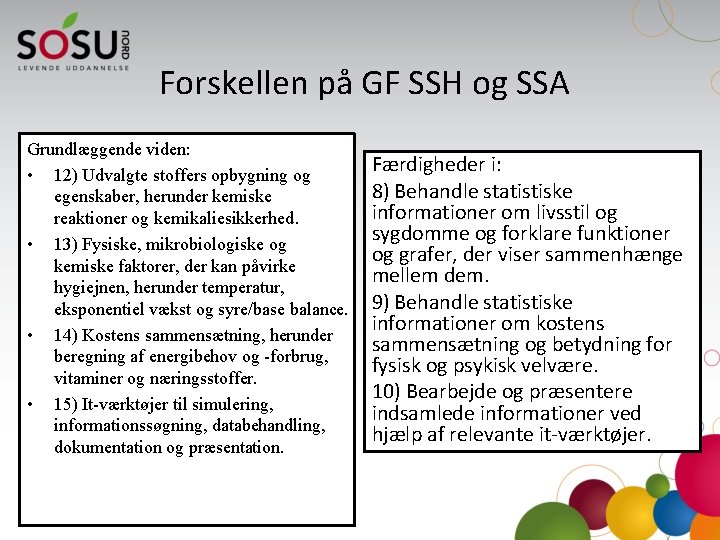 Forskellen på GF SSH og SSA Grundlæggende viden: • 12) Udvalgte stoffers opbygning og