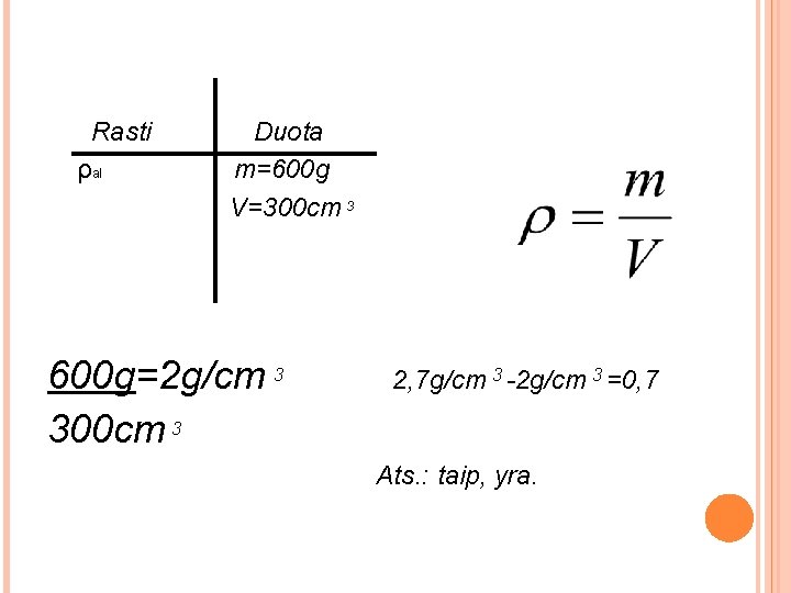  Rasti Duota ρal m=600 g V=300 cm 3 600 g=2 g/cm 3 2,