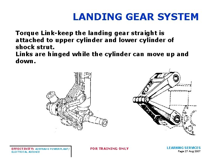 LANDING GEAR SYSTEM Torque Link-keep the landing gear straight is attached to upper cylinder LANDING GEAR SYSTEM Torque Link-keep the landing gear straight is attached to upper cylinder