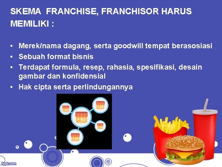 SKEMA FRANCHISE, FRANCHISOR HARUS MEMILIKI : • Merek/nama dagang, serta goodwill tempat berasosiasi •