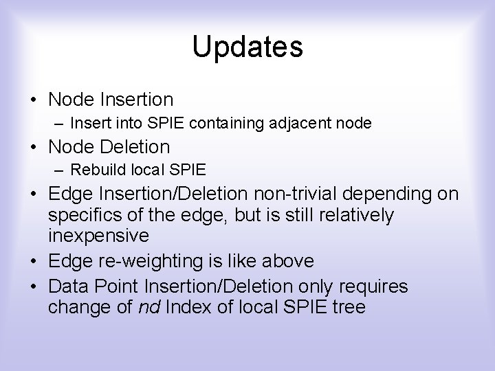Updates • Node Insertion – Insert into SPIE containing adjacent node • Node Deletion