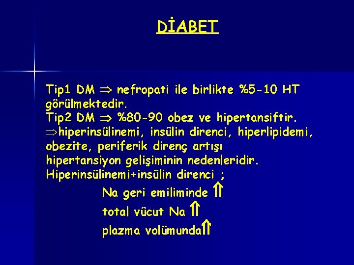 DİABET Tip 1 DM nefropati ile birlikte %5 -10 HT görülmektedir. Tip 2 DM