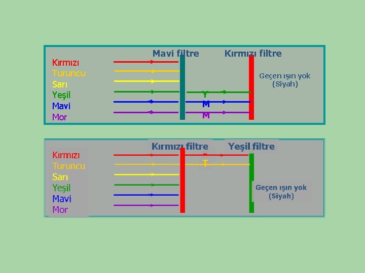 Kırmızı Turuncu Sarı Yeşil Mavi Mor Mavi filtre Kırmızı filtre Geçen ışın yok (Siyah)