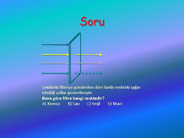 Soru Şekildeki filtreye gönderilen dört farklı renkteki ışığın izlediği yollar gösterilmiştir. Buna göre filtre