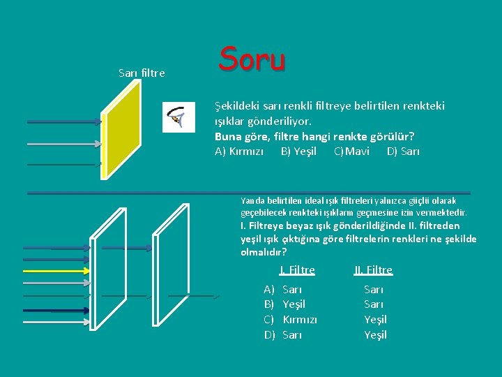 Sarı filtre Soru Şekildeki sarı renkli filtreye belirtilen renkteki ışıklar gönderiliyor. Buna göre, filtre