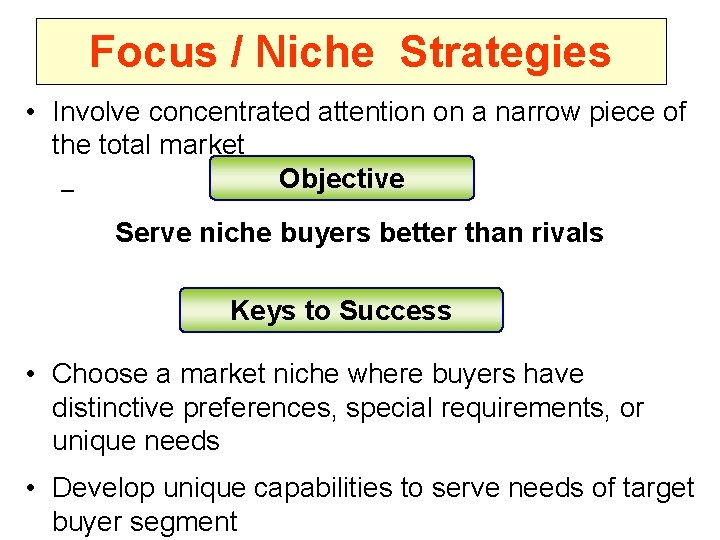 Focus / Niche Strategies • Involve concentrated attention on a narrow piece of the