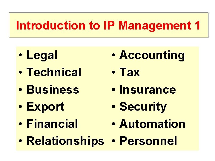 Introduction to IP Management 1 • • • Legal Technical Business Export Financial Relationships