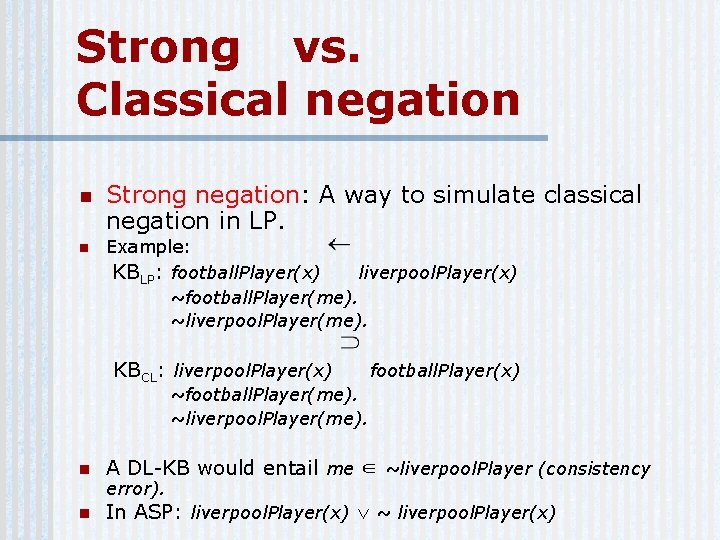 Strong vs. Classical negation n n Strong negation: A way to simulate classical negation