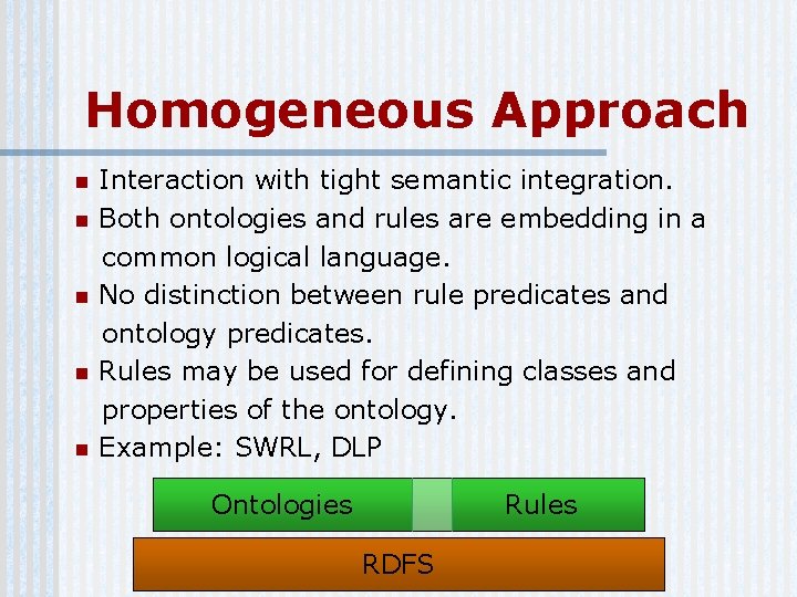 Homogeneous Approach n n n Interaction with tight semantic integration. Both ontologies and rules