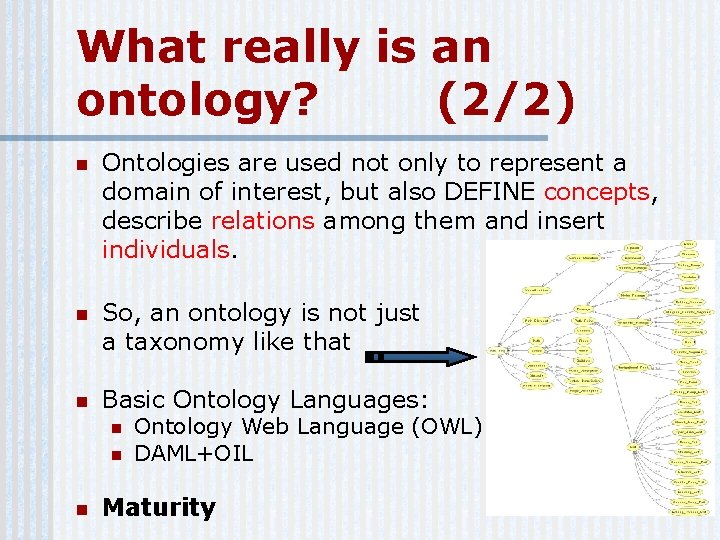 What really is an ontology? (2/2) n Ontologies are used not only to represent