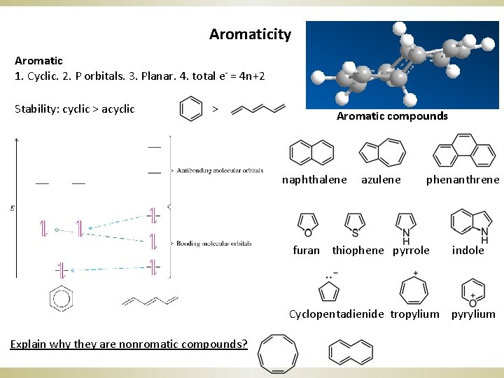 Aromaticity Aromatic 1. Cyclic. 2. P orbitals. 3. Planar. 4. total e- = 4