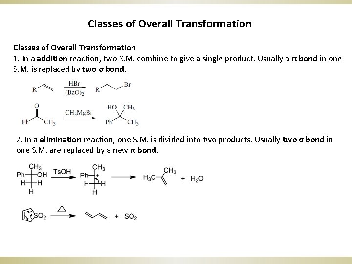 Classes of Overall Transformation 1. In a addition reaction, two S. M. combine to