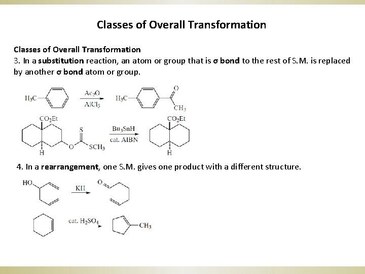 Classes of Overall Transformation 3. In a substitution reaction, an atom or group that