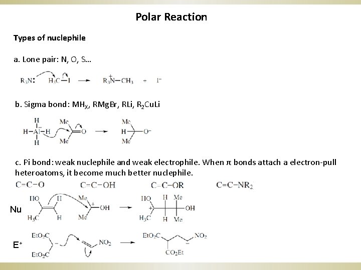 Polar Reaction Types of nuclephile a. Lone pair: N, O, S… b. Sigma bond: