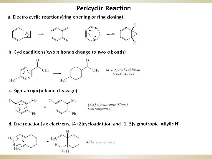 Pericyclic Reaction a. Electro cyclic reactions(ring opening or ring closing) b. Cycloadditions(two π bonds