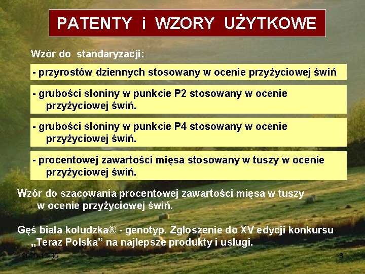 PATENTY i WZORY UŻYTKOWE Wzór do standaryzacji: - przyrostów dziennych stosowany w ocenie przyżyciowej