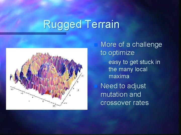 Rugged Terrain n More of a challenge to optimize – easy to get stuck