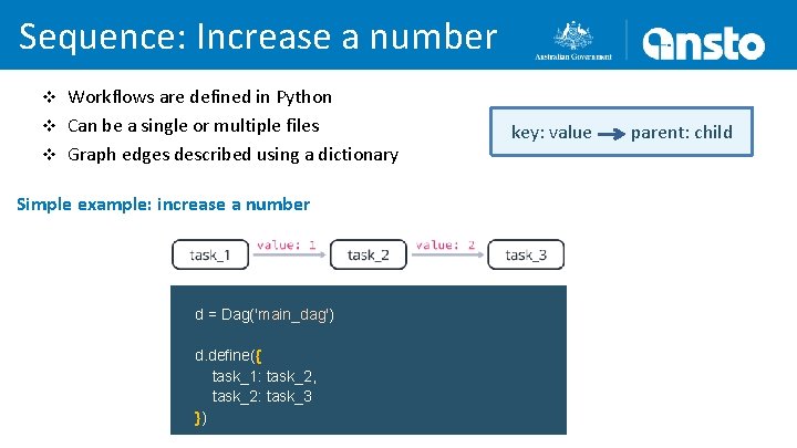 Sequence: Increase a number Workflows are defined in Python v Can be a single