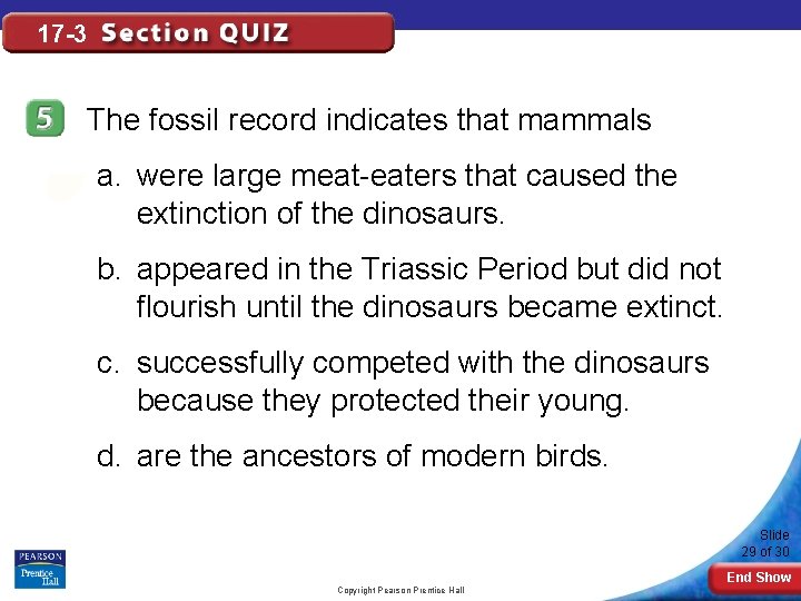 17 -3 The fossil record indicates that mammals a. were large meat-eaters that caused