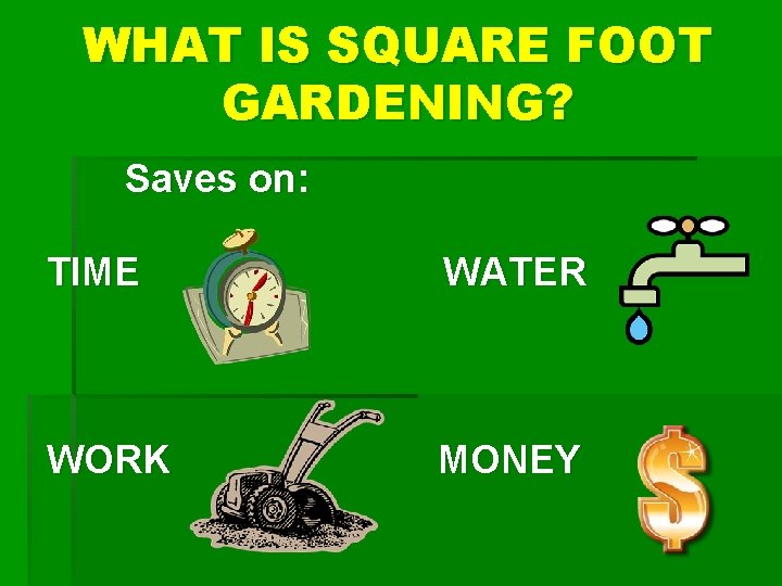 WHAT IS SQUARE FOOT GARDENING? Saves on: TIME WATER WORK MONEY 