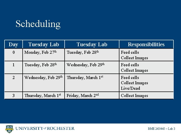 Scheduling Day Tuesday Lab Responsibilities 0 Monday, Feb 27 th Tuesday, Feb 28 th