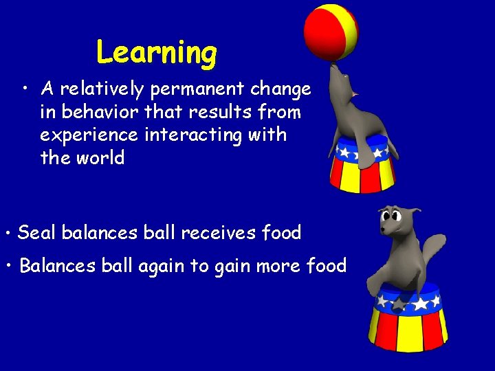 Learning • A relatively permanent change in behavior that results from experience interacting with