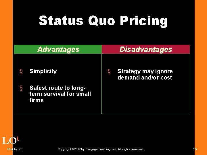 Status Quo Pricing Advantages Disadvantages § § Simplicity § Safest route to longterm survival
