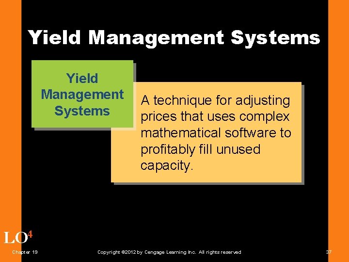 Yield Management Systems A technique for adjusting prices that uses complex mathematical software to
