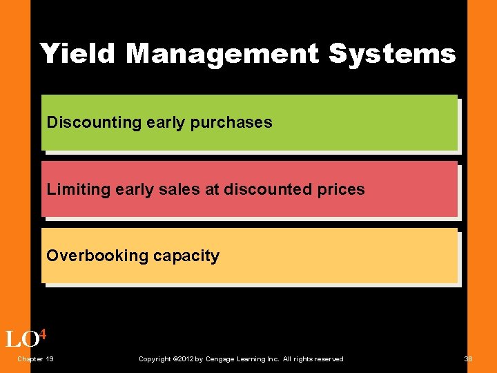 Yield Management Systems Discounting early purchases Limiting early sales at discounted prices Overbooking capacity