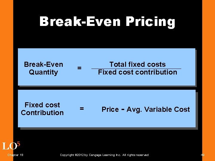 Break-Even Pricing Break-Even Quantity Fixed cost Contribution = = Total fixed costs Fixed cost