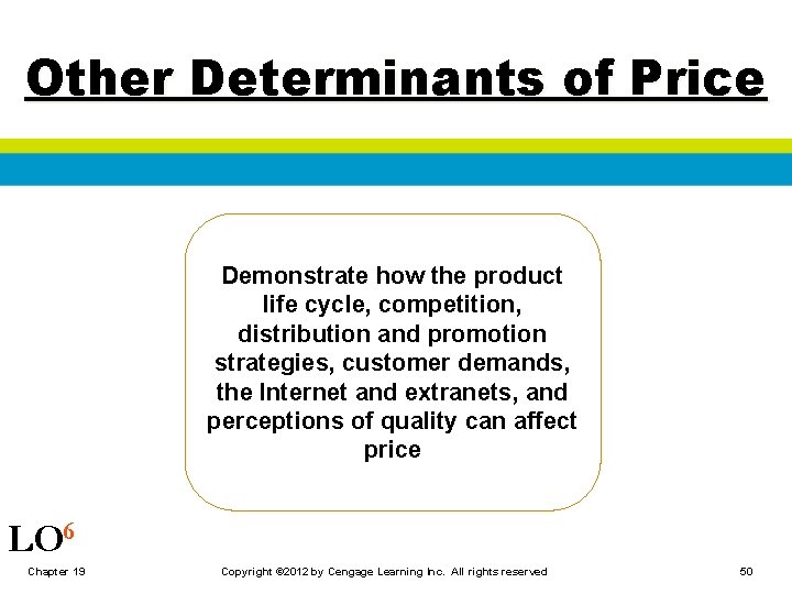 Other Determinants of Price Demonstrate how the product life cycle, competition, distribution and promotion