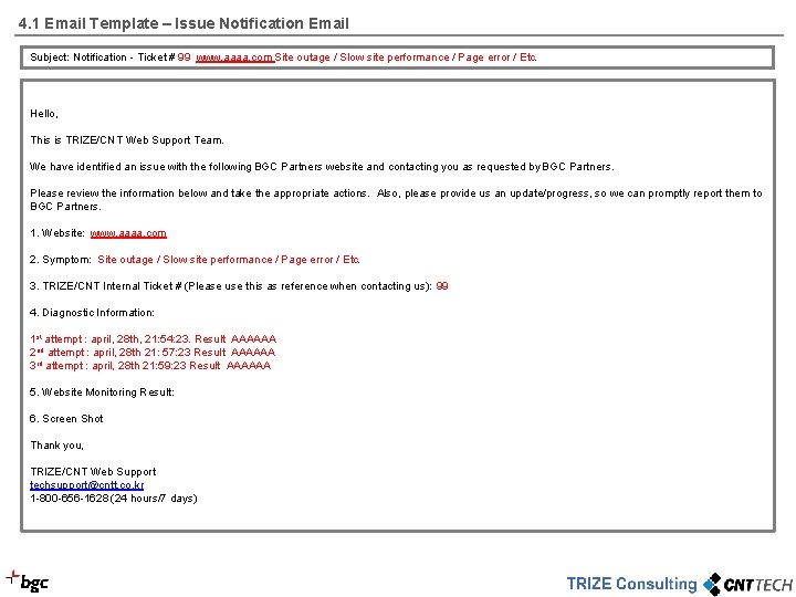4. 1 Email Template – Issue Notification Email Subject: Notification - Ticket # 99