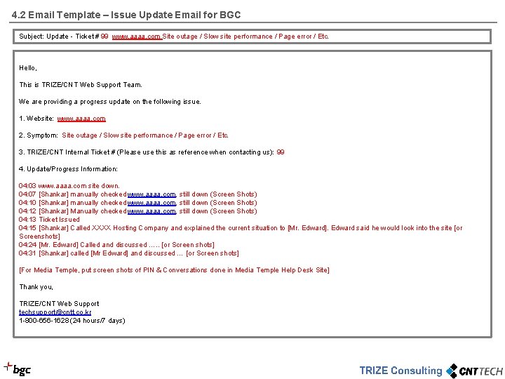 4. 2 Email Template – Issue Update Email for BGC Subject: Update - Ticket