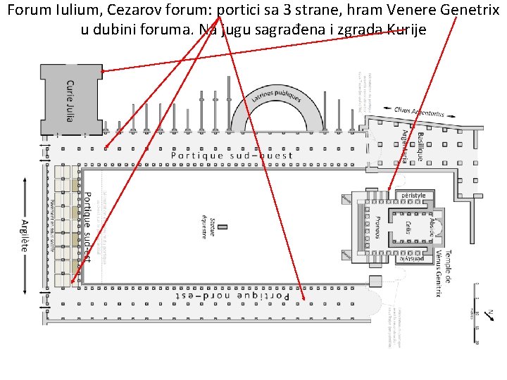 Forum Iulium, Cezarov forum: portici sa 3 strane, hram Venere Genetrix u dubini foruma.