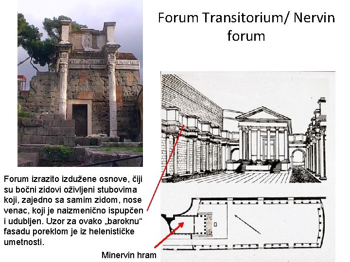 Forum Transitorium/ Nervin forum Forum izrazito izdužene osnove, čiji su bočni zidovi oživljeni stubovima