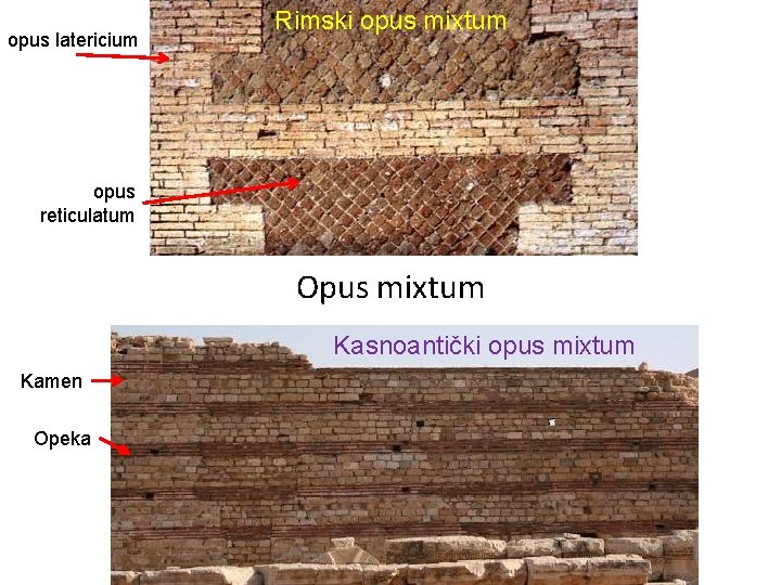 opus latericium Rimski opus mixtum opus reticulatum Opus mixtum Kasnoantički opus mixtum Kamen Opeka