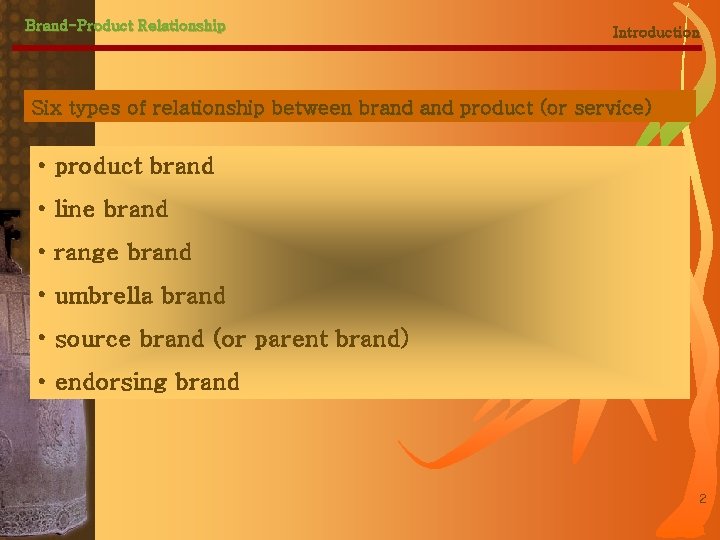 Brand-Product Relationship Introduction Six types of relationship between brand product (or service) • product