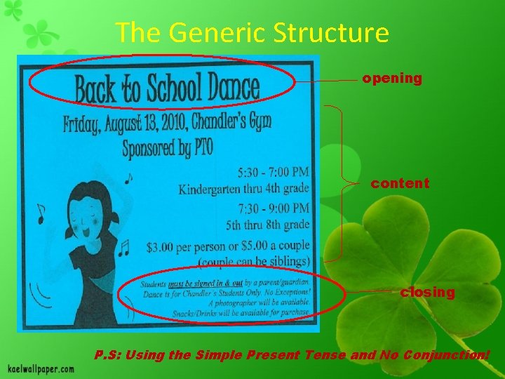 The Generic Structure opening content closing P. S: Using the Simple Present Tense and