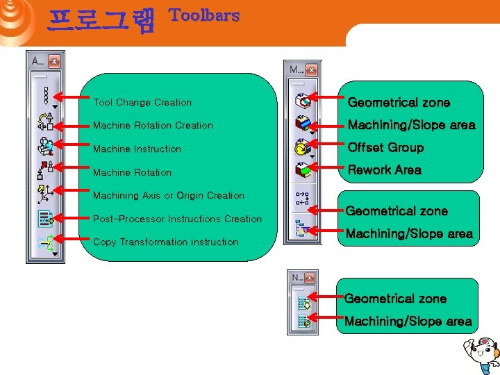 프로그램 Toolbars Tool Change Creation Geometrical zone Machine Rotation Creation Machining/Slope area Machine Instruction