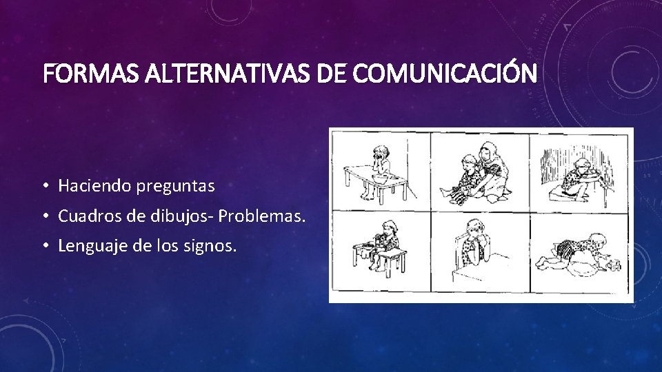 FORMAS ALTERNATIVAS DE COMUNICACIÓN • Haciendo preguntas • Cuadros de dibujos- Problemas. • Lenguaje