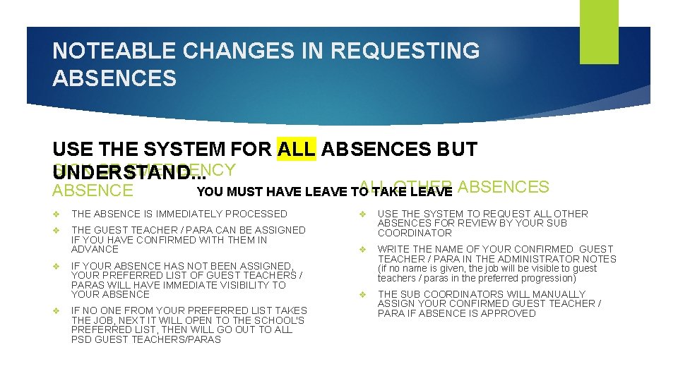 NOTEABLE CHANGES IN REQUESTING ABSENCES USE THE SYSTEM FOR ALL ABSENCES BUT SICK OR