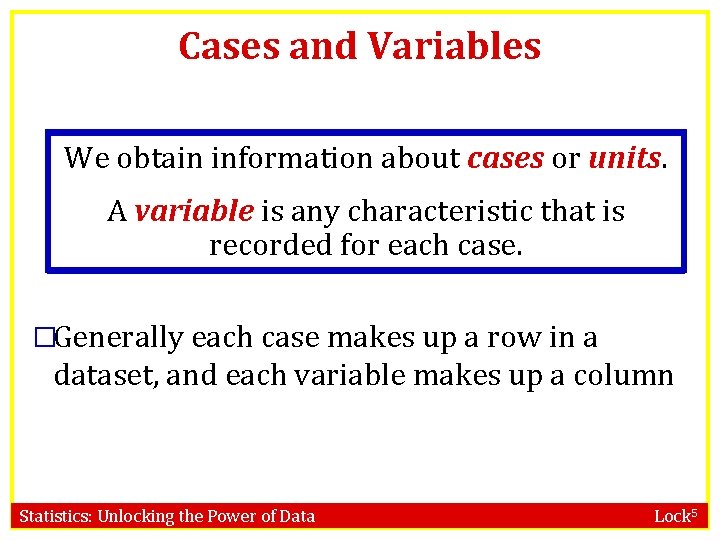 Cases and Variables We obtain information about cases or units. A variable is any